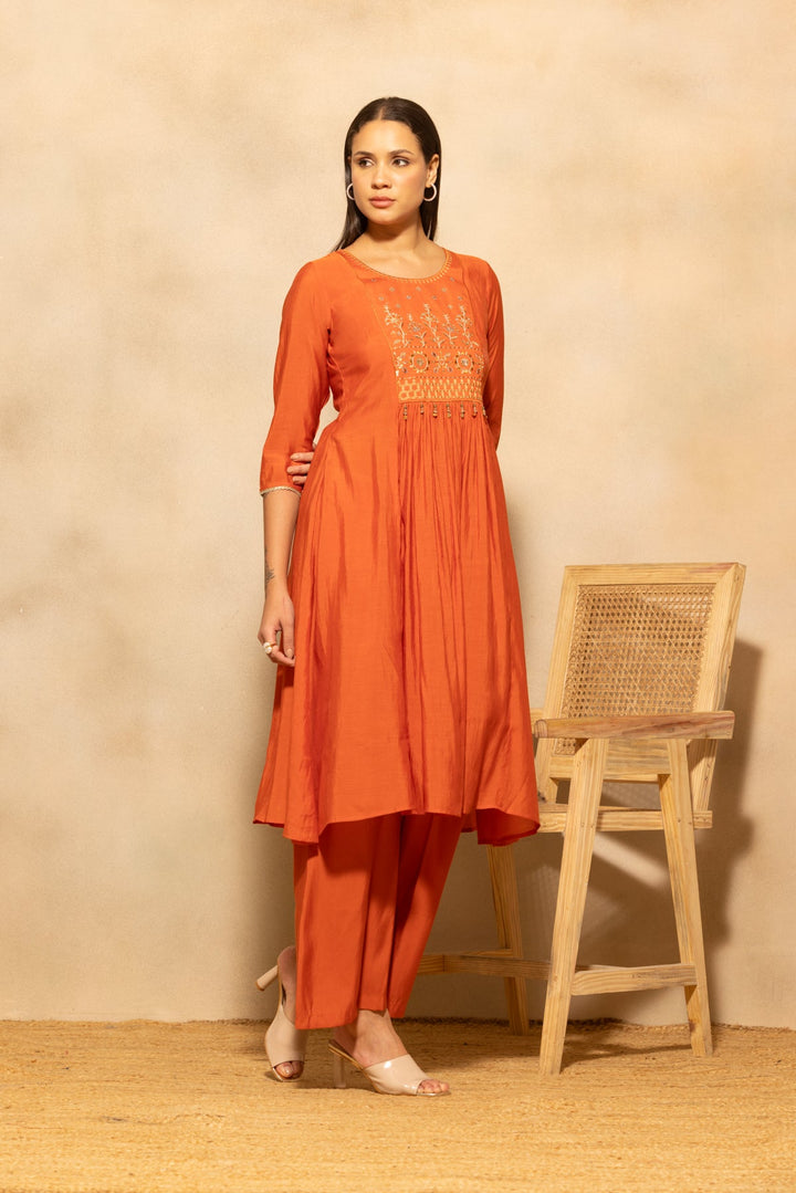 Rust Flared Embroidered Kurta 3 Pcs Set