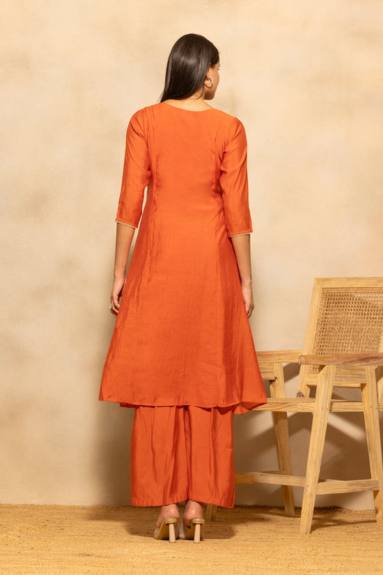 Rust Flared Embroidered Kurta 3 Pcs Set