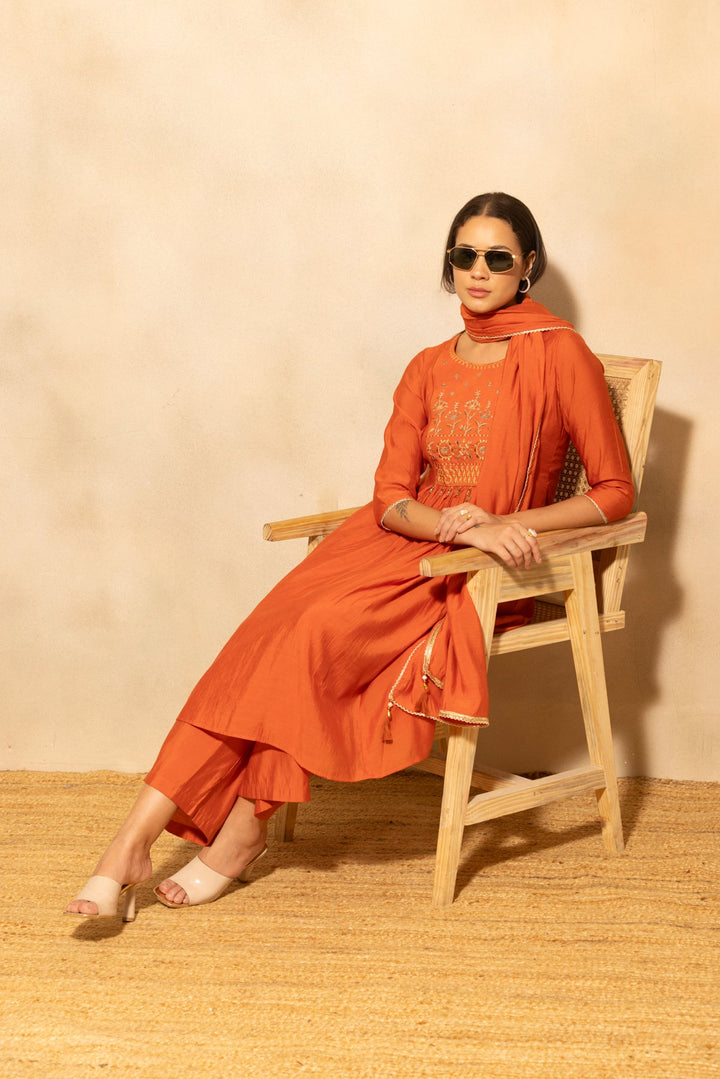 Rust Flared Embroidered Kurta 3 Pcs Set