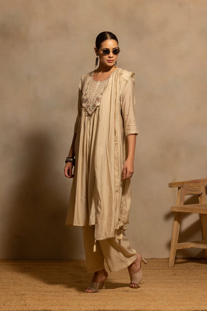 Beige Flared Embroidered Kurta 3 Pcs Set