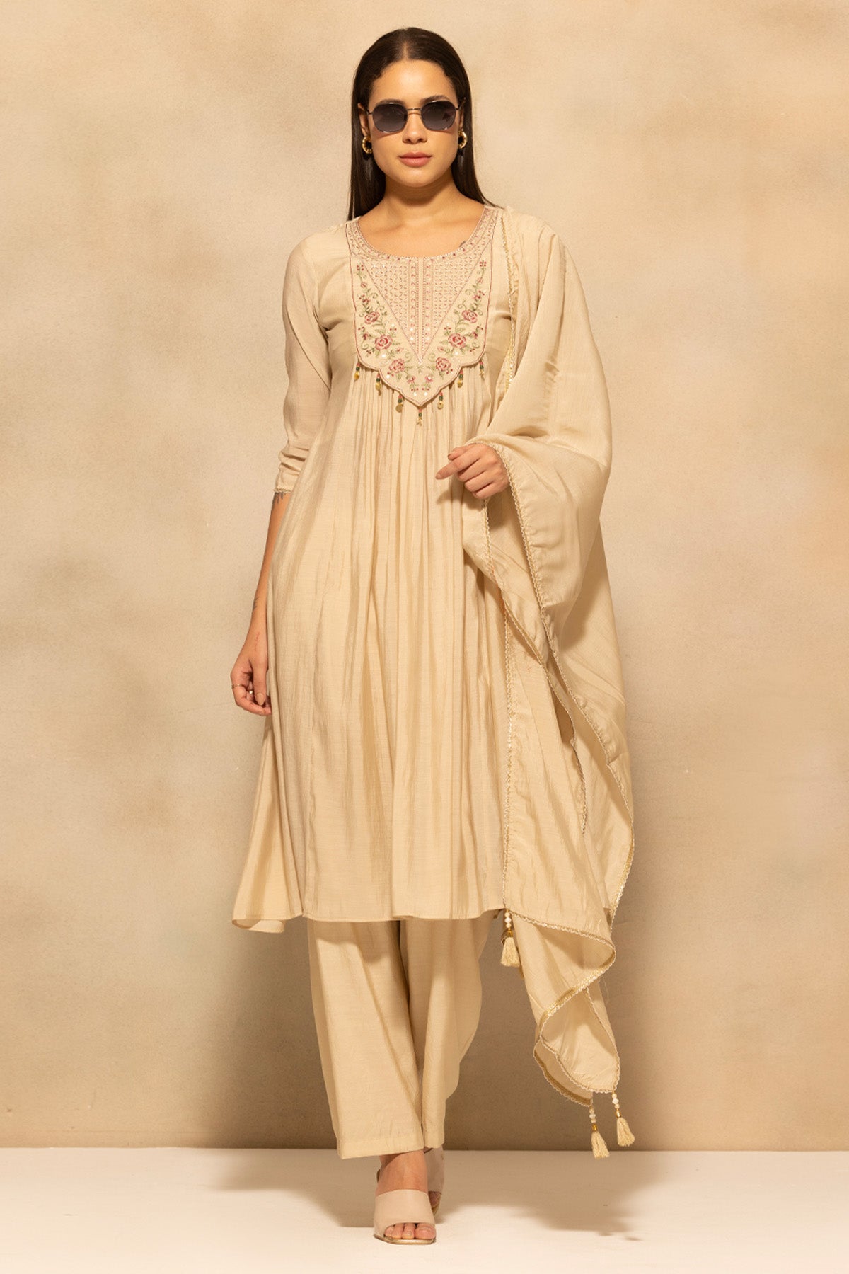 Beige Flared Embroidered Kurta 3 Pcs Set