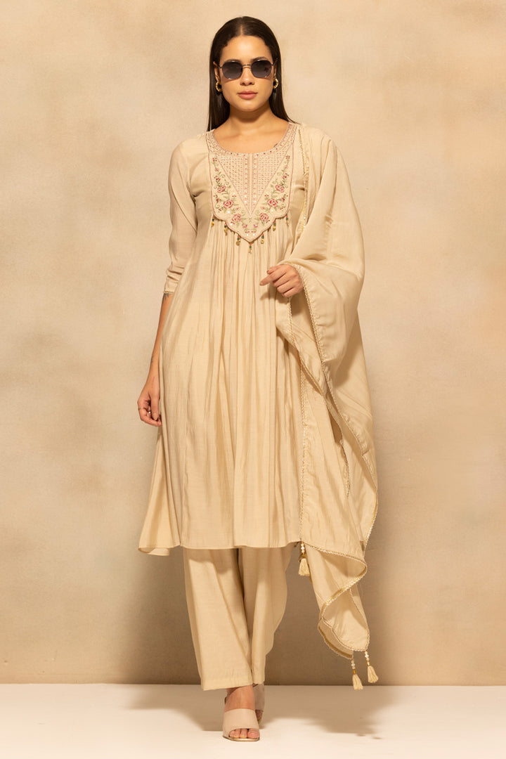 Beige Flared Embroidered Kurta 3 Pcs Set
