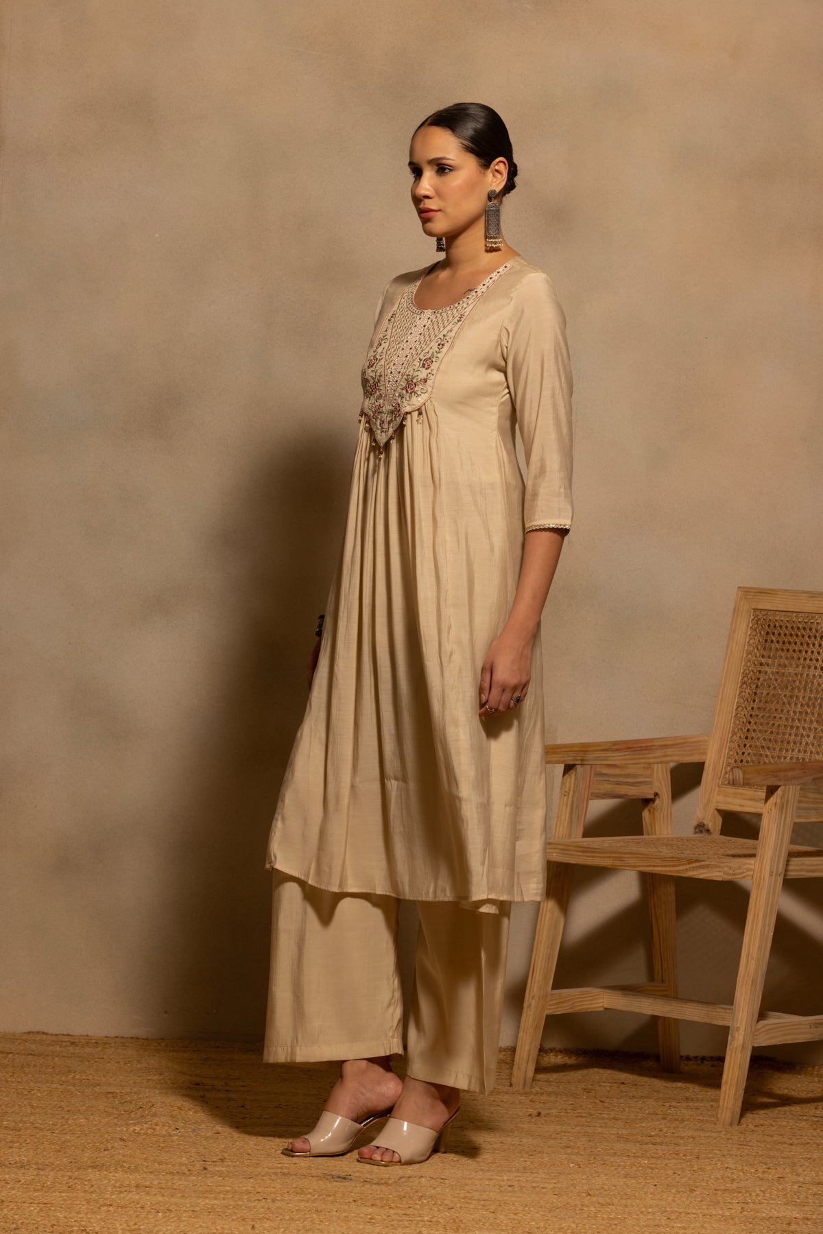 Beige Flared Embroidered Kurta 3 Pcs Set