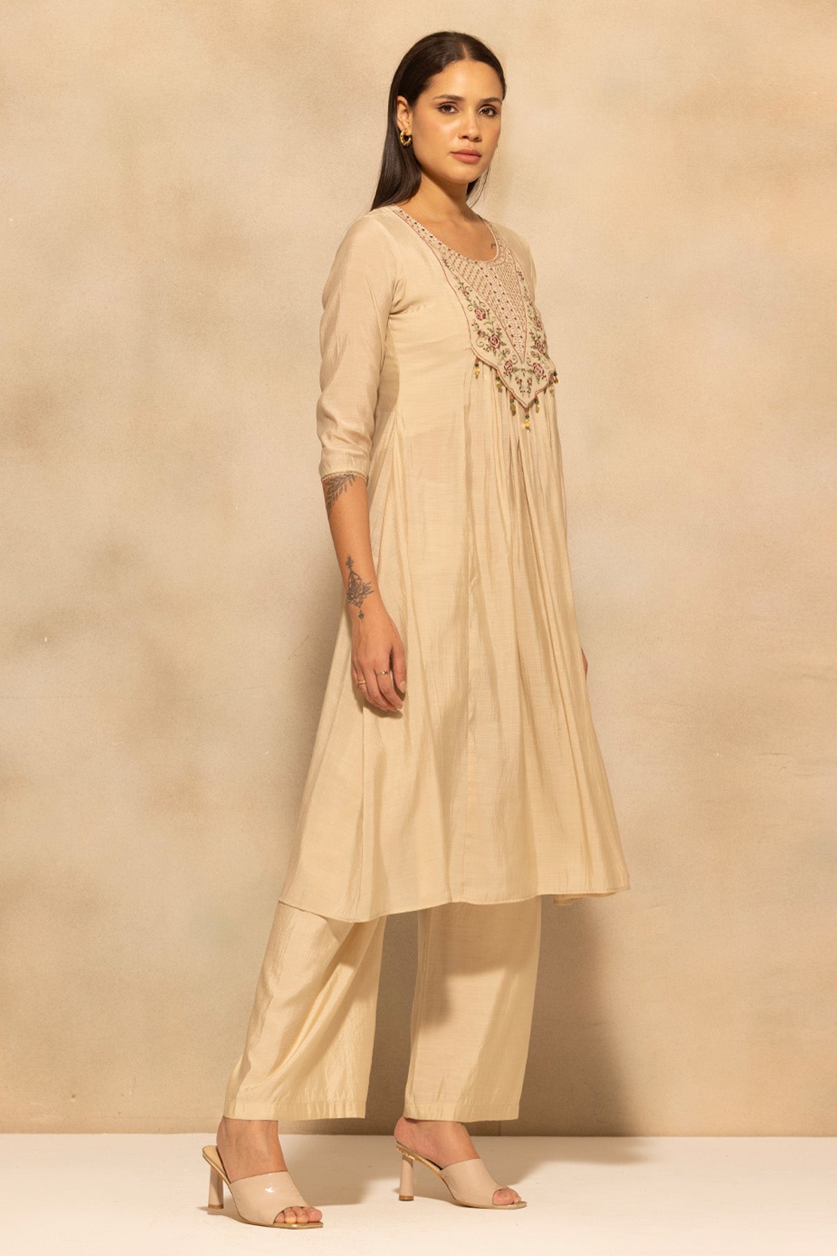 Beige Flared Embroidered Kurta 3 Pcs Set