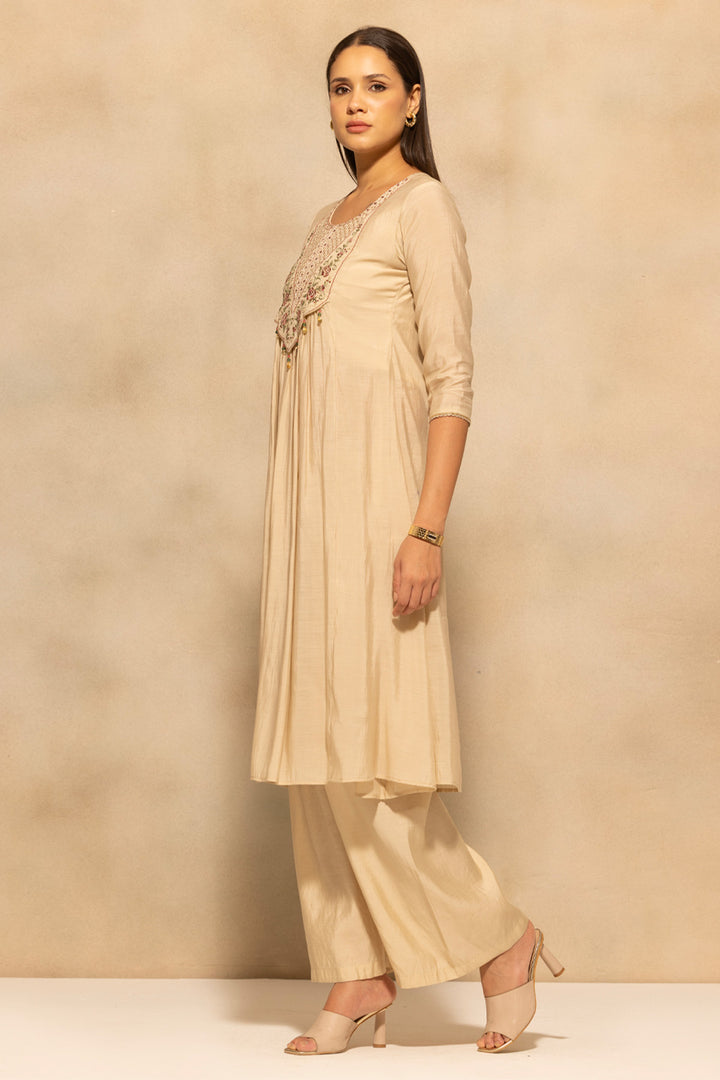 Beige Flared Embroidered Kurta 3 Pcs Set