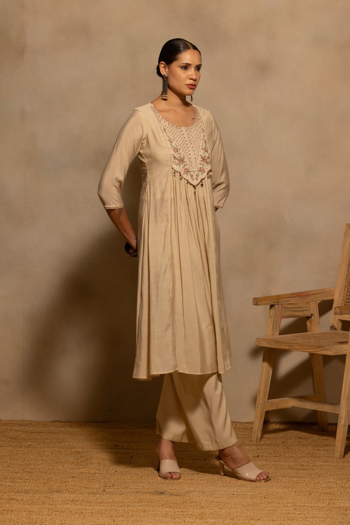 Beige Flared Embroidered Kurta 3 Pcs Set