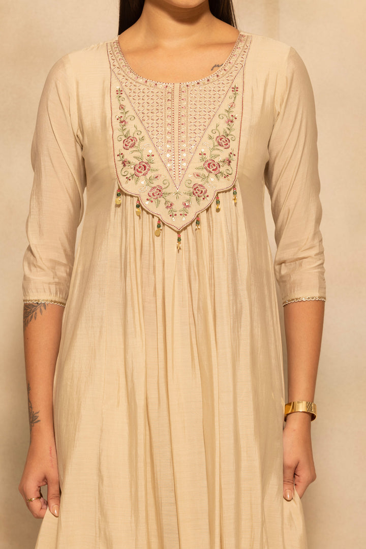 Beige Flared Embroidered Kurta 3 Pcs Set