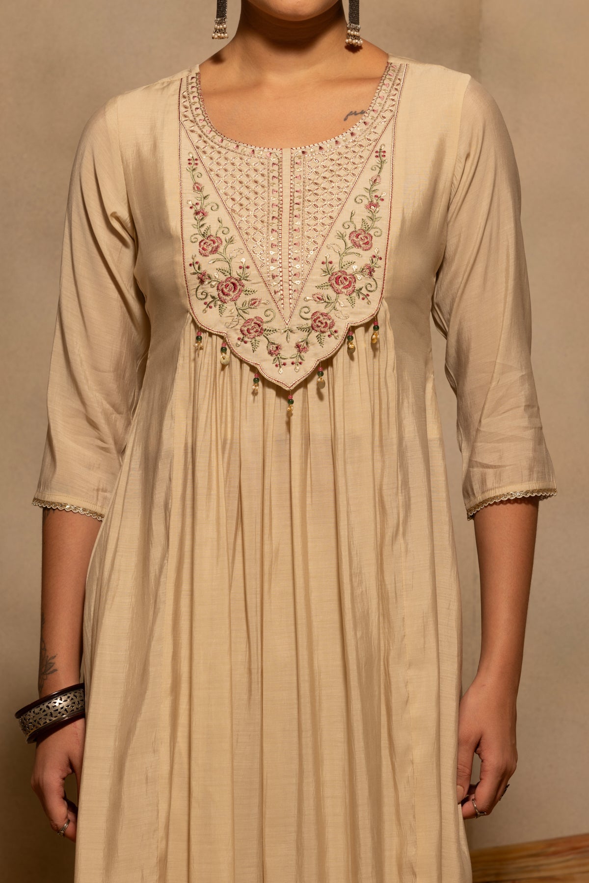 Beige Flared Embroidered Kurta 3 Pcs Set