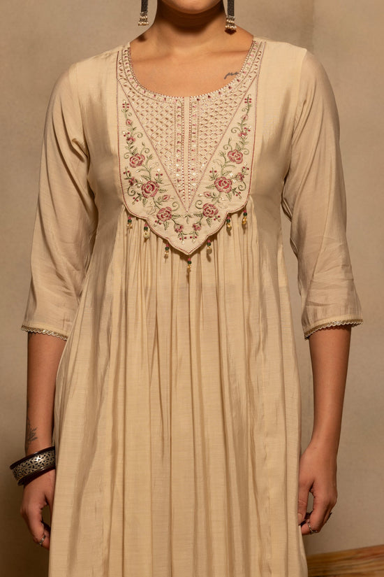 Beige Flared Embroidered Kurta 3 Pcs Set
