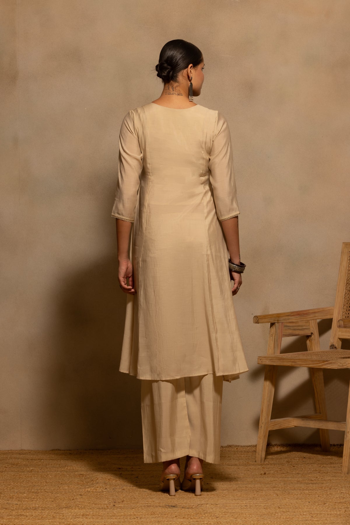 Beige Flared Embroidered Kurta 3 Pcs Set