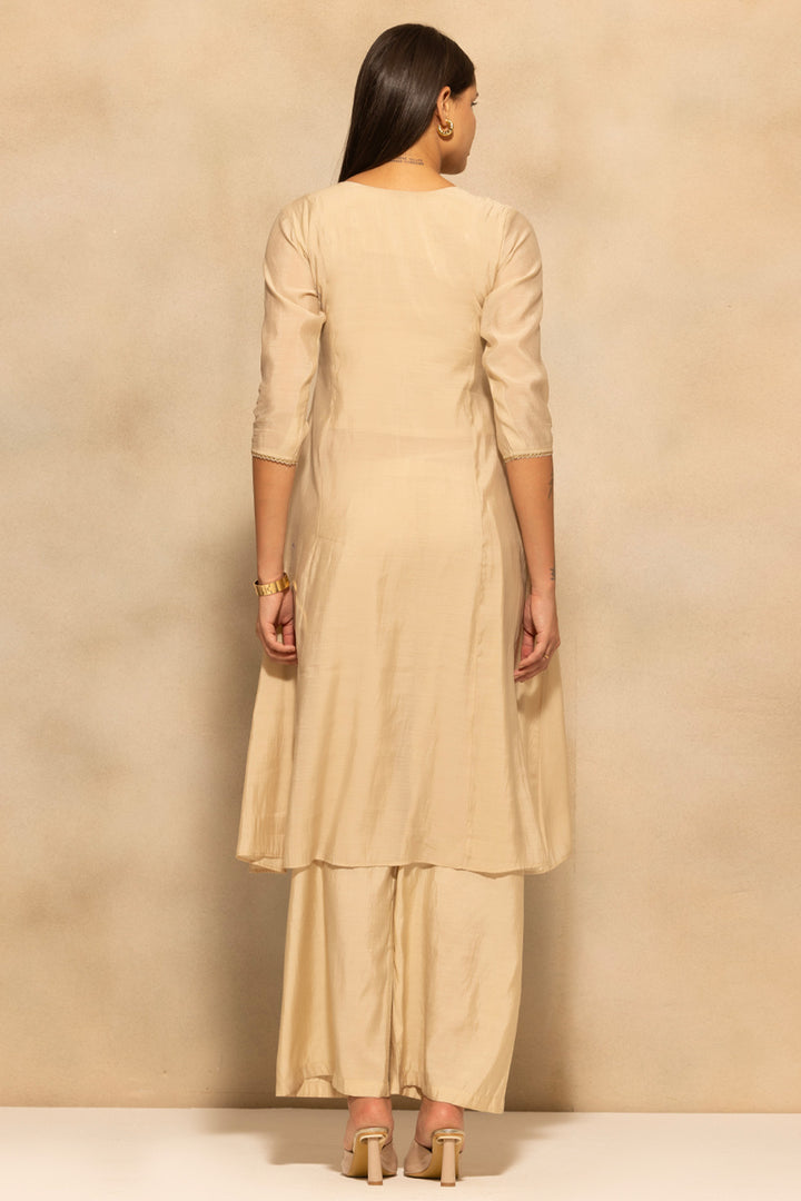 Beige Flared Embroidered Kurta 3 Pcs Set