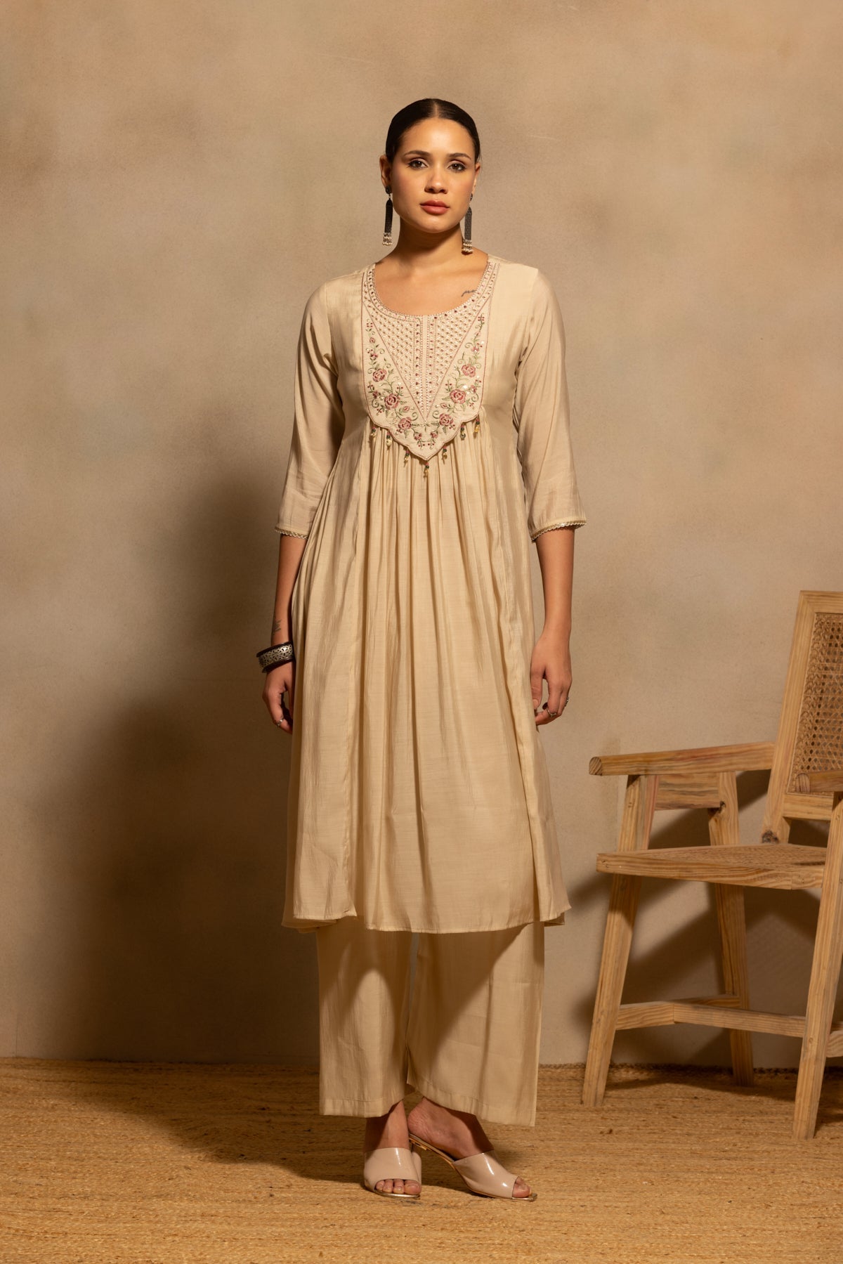 Beige Flared Embroidered Kurta 3 Pcs Set