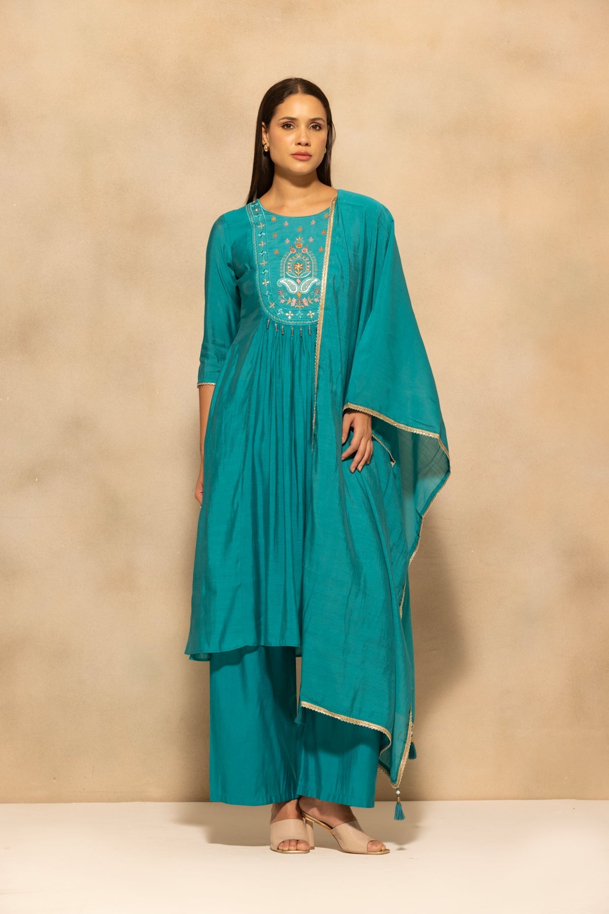 Teal Flared Embroidered Kurta 3 Pcs Set