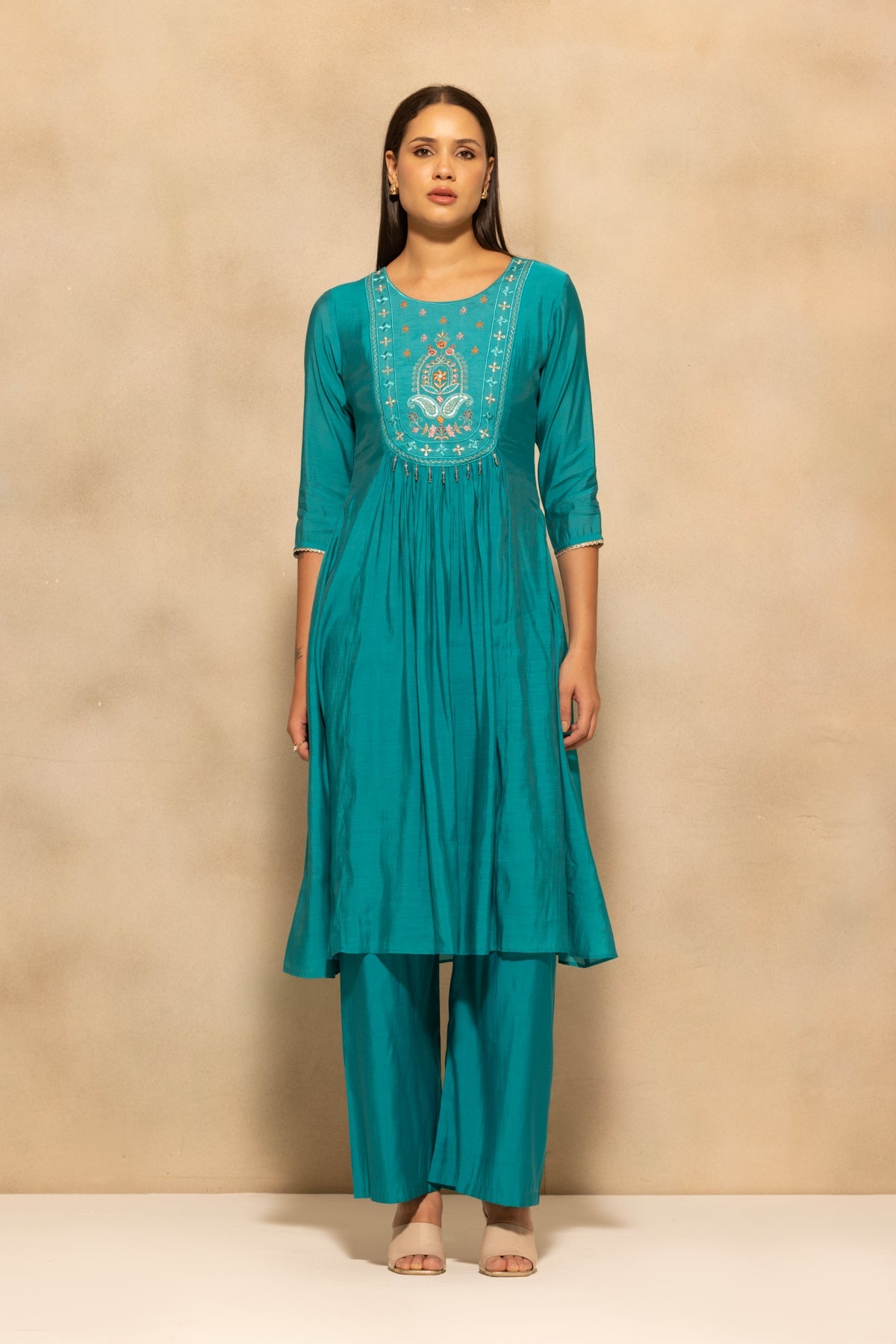 Teal Flared Embroidered Kurta 3 Pcs Set