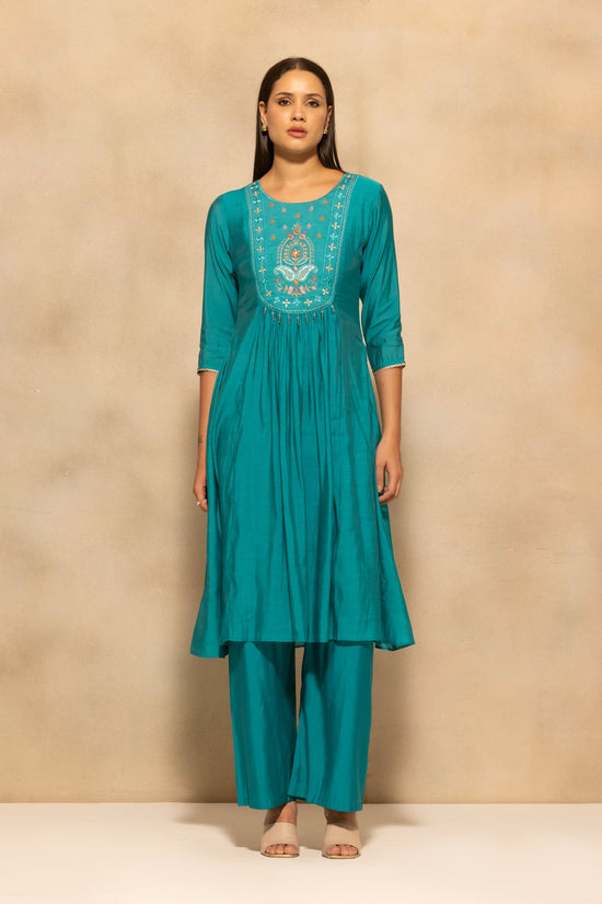 Teal Flared Embroidered Kurta 3 Pcs Set