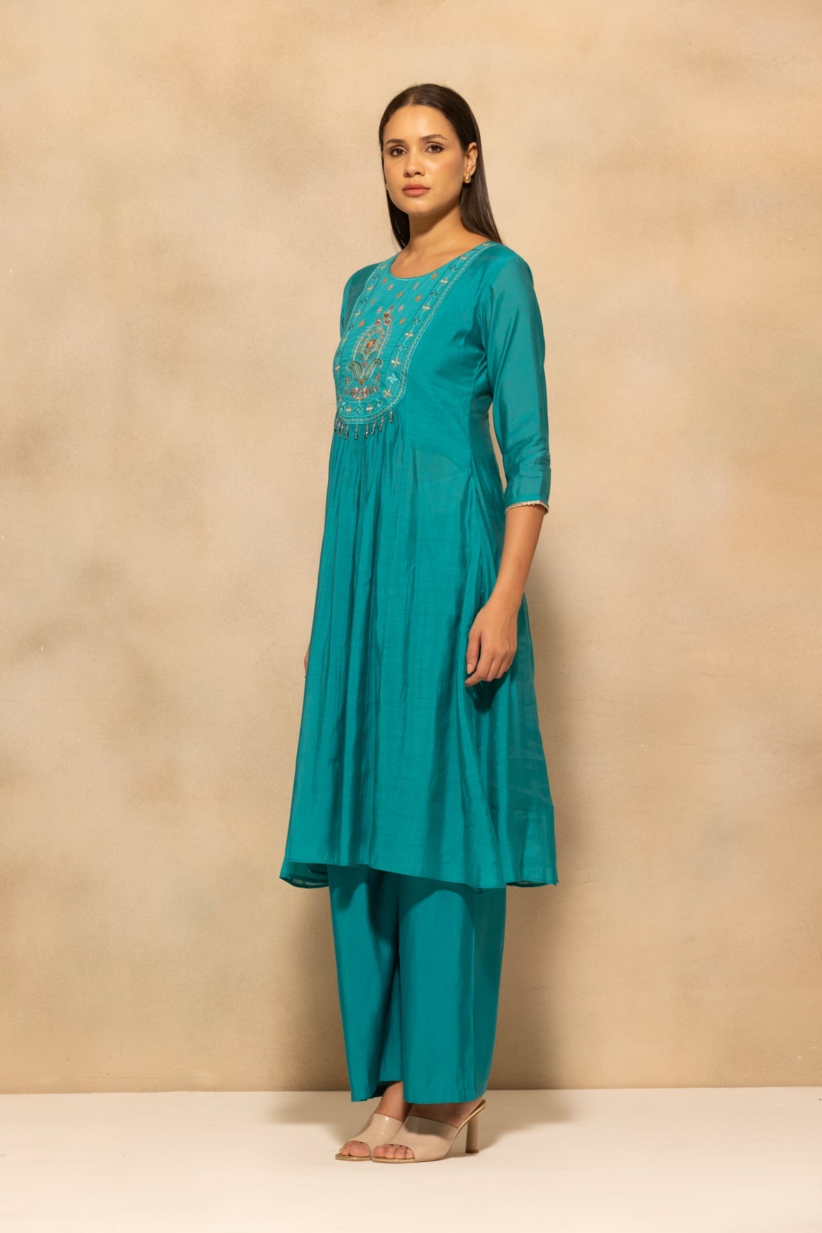 Teal Flared Embroidered Kurta 3 Pcs Set