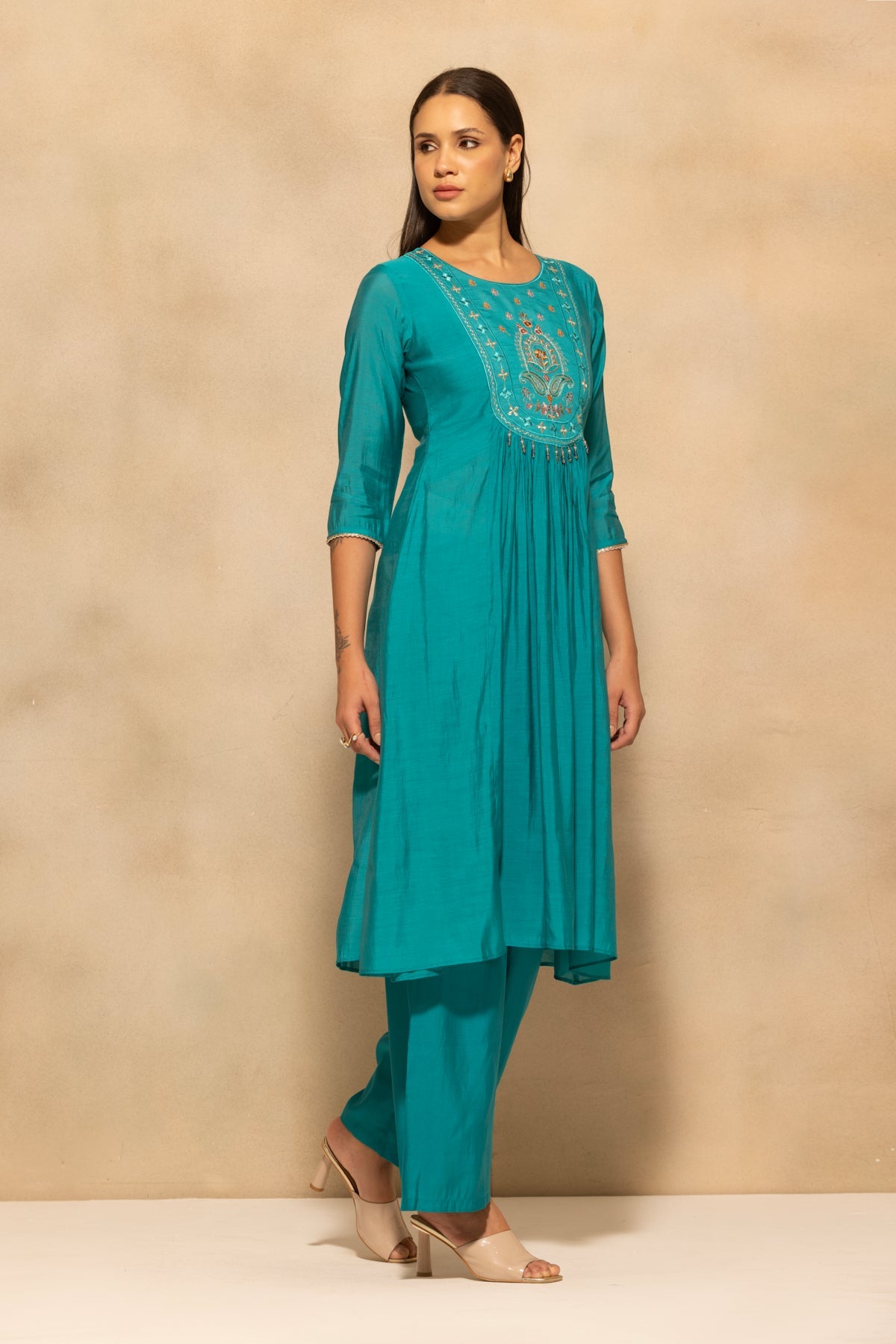 Teal Flared Embroidered Kurta 3 Pcs Set
