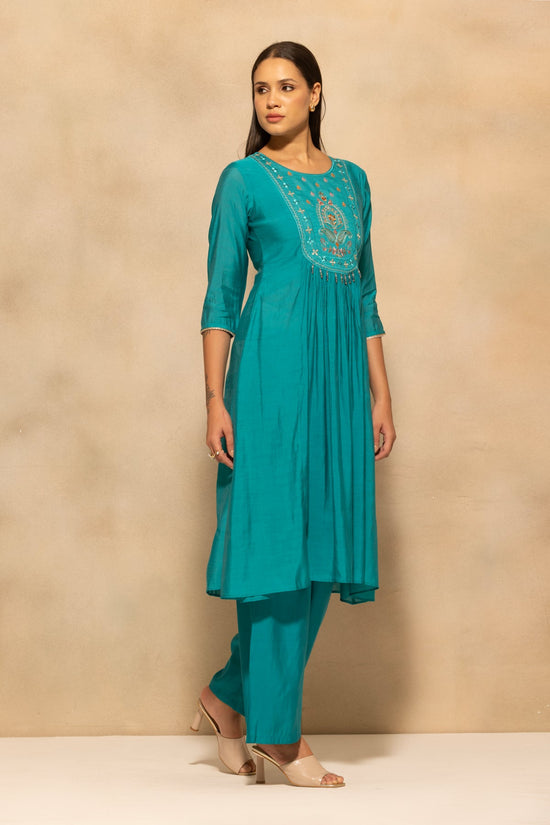 Teal Flared Embroidered Kurta 3 Pcs Set