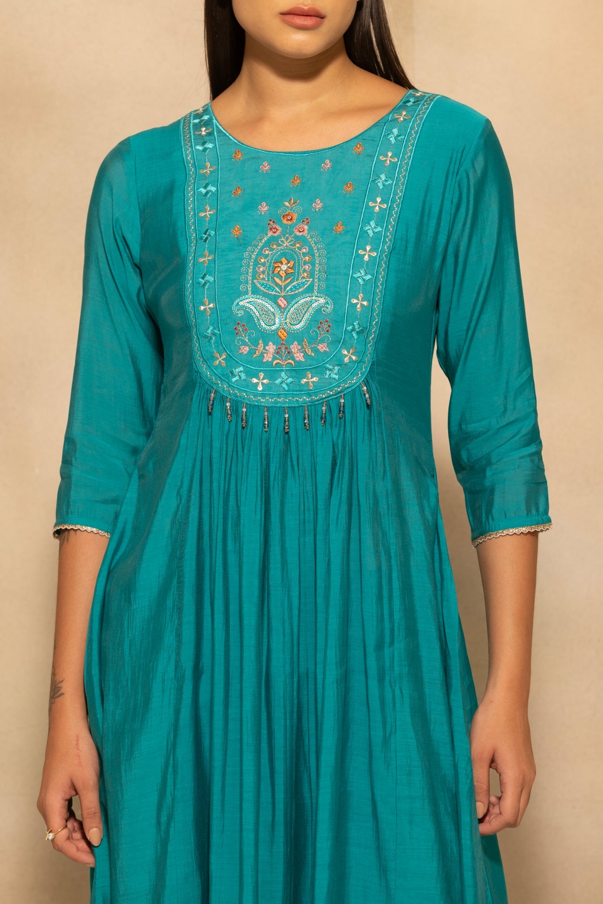Teal Flared Embroidered Kurta 3 Pcs Set