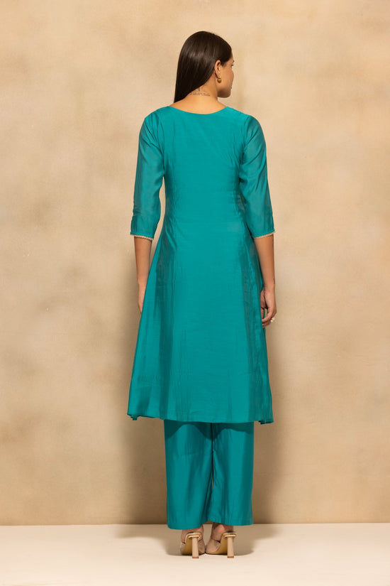 Teal Flared Embroidered Kurta 3 Pcs Set