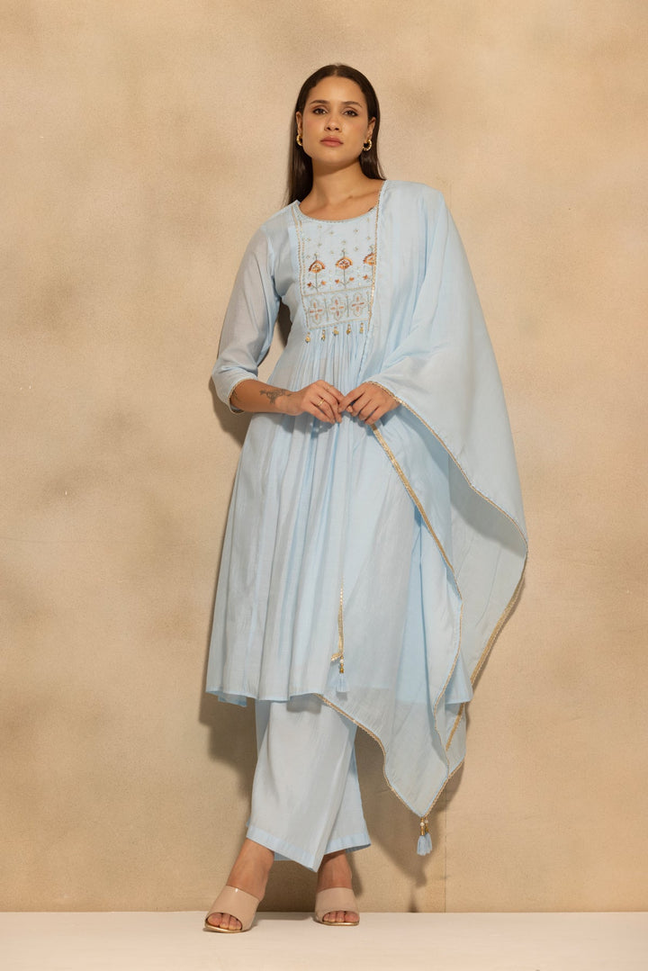 Blue Flared Embroidered Kurta 3 Pcs Set