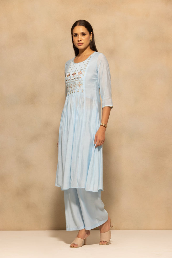 Blue Flared Embroidered Kurta 3 Pcs Set