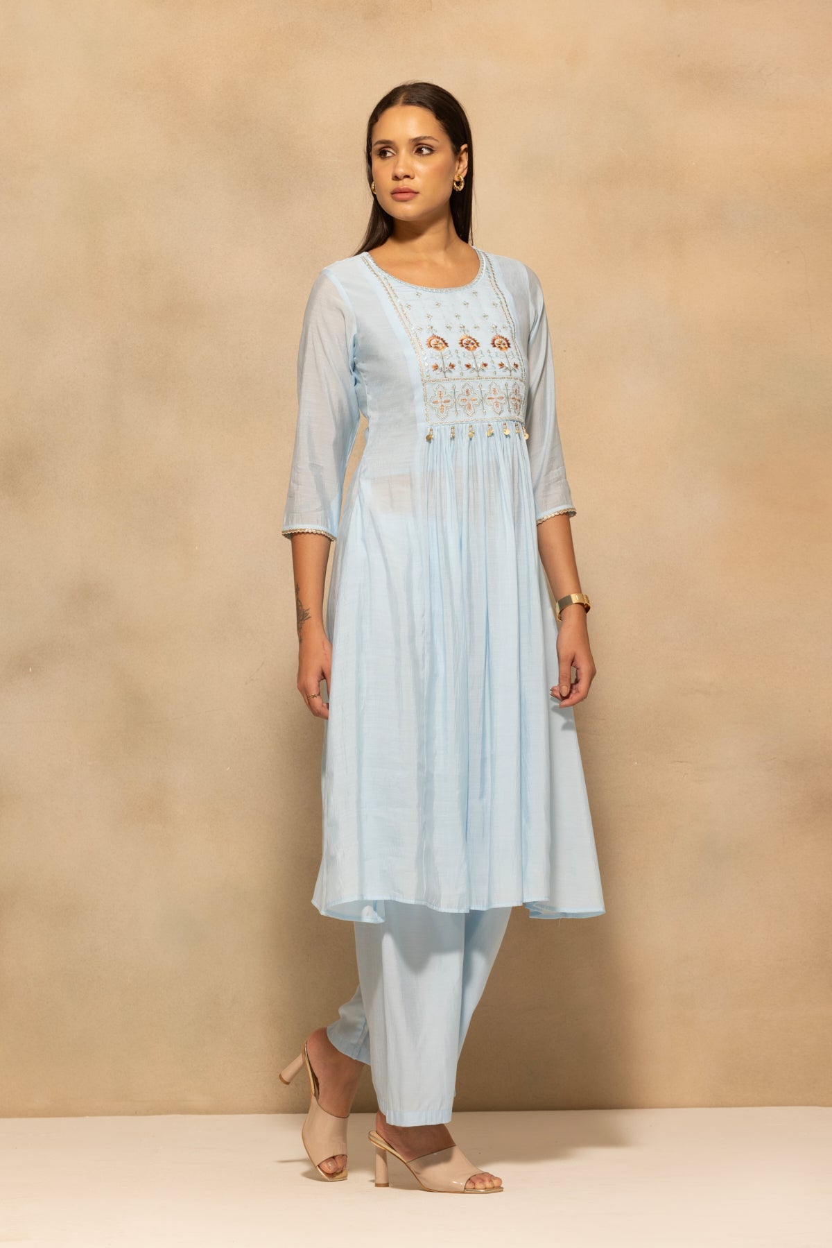 Blue Flared Embroidered Kurta 3 Pcs Set