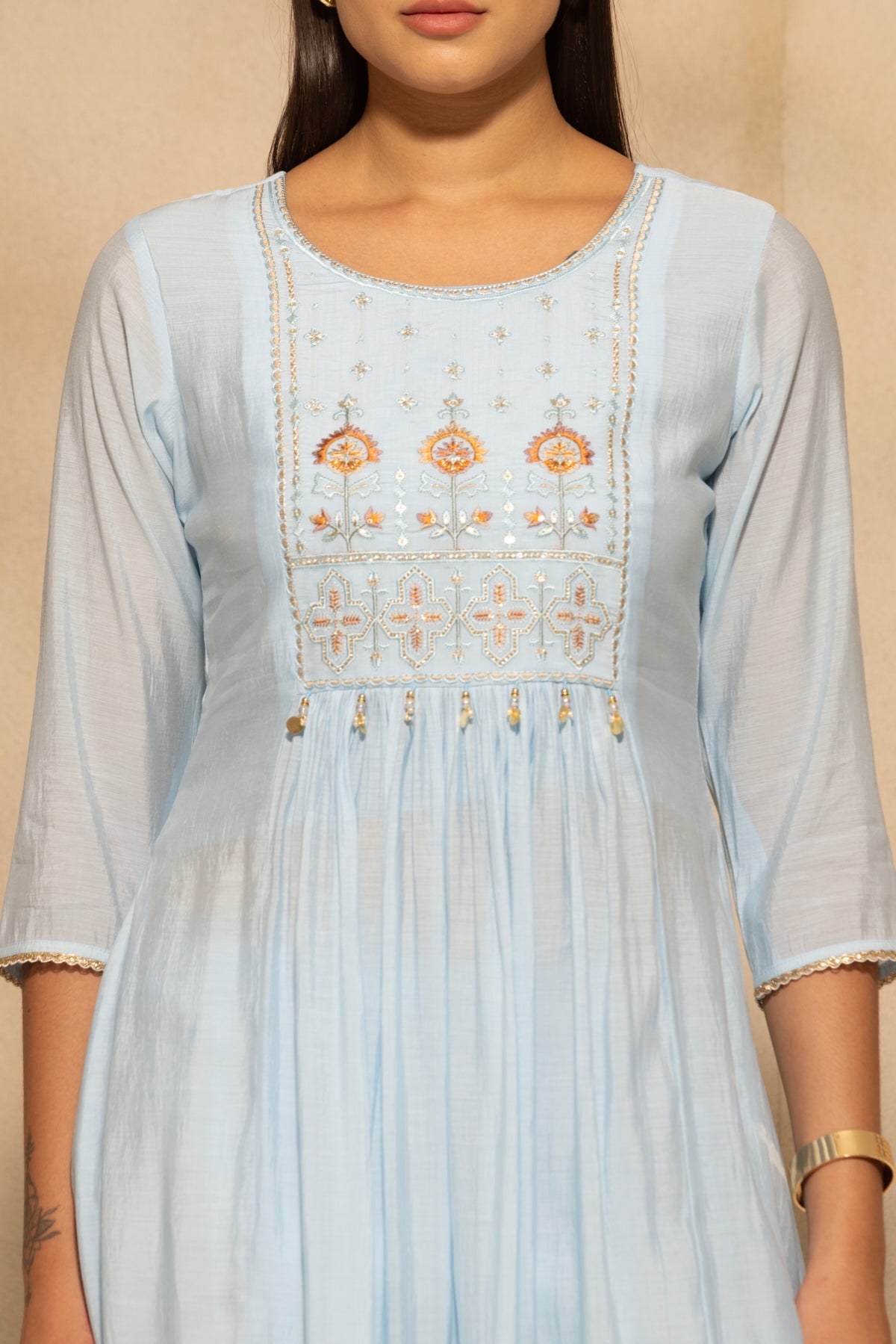 Blue Flared Embroidered Kurta 3 Pcs Set