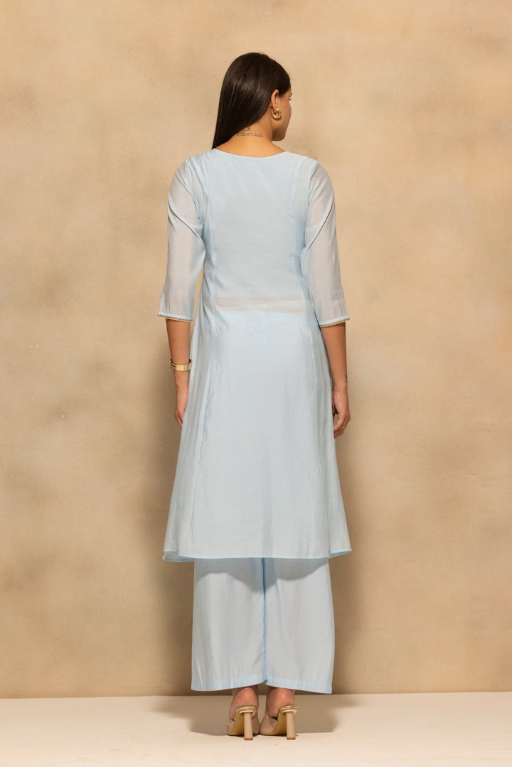 Blue Flared Embroidered Kurta 3 Pcs Set