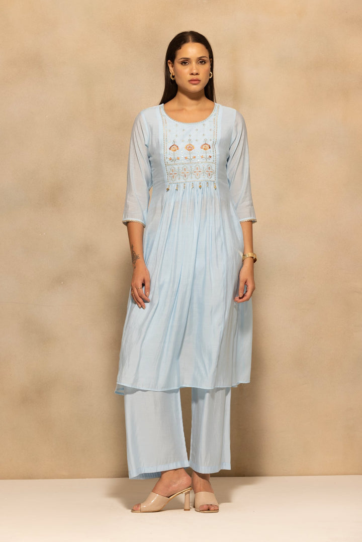 Blue Flared Embroidered Kurta 3 Pcs Set