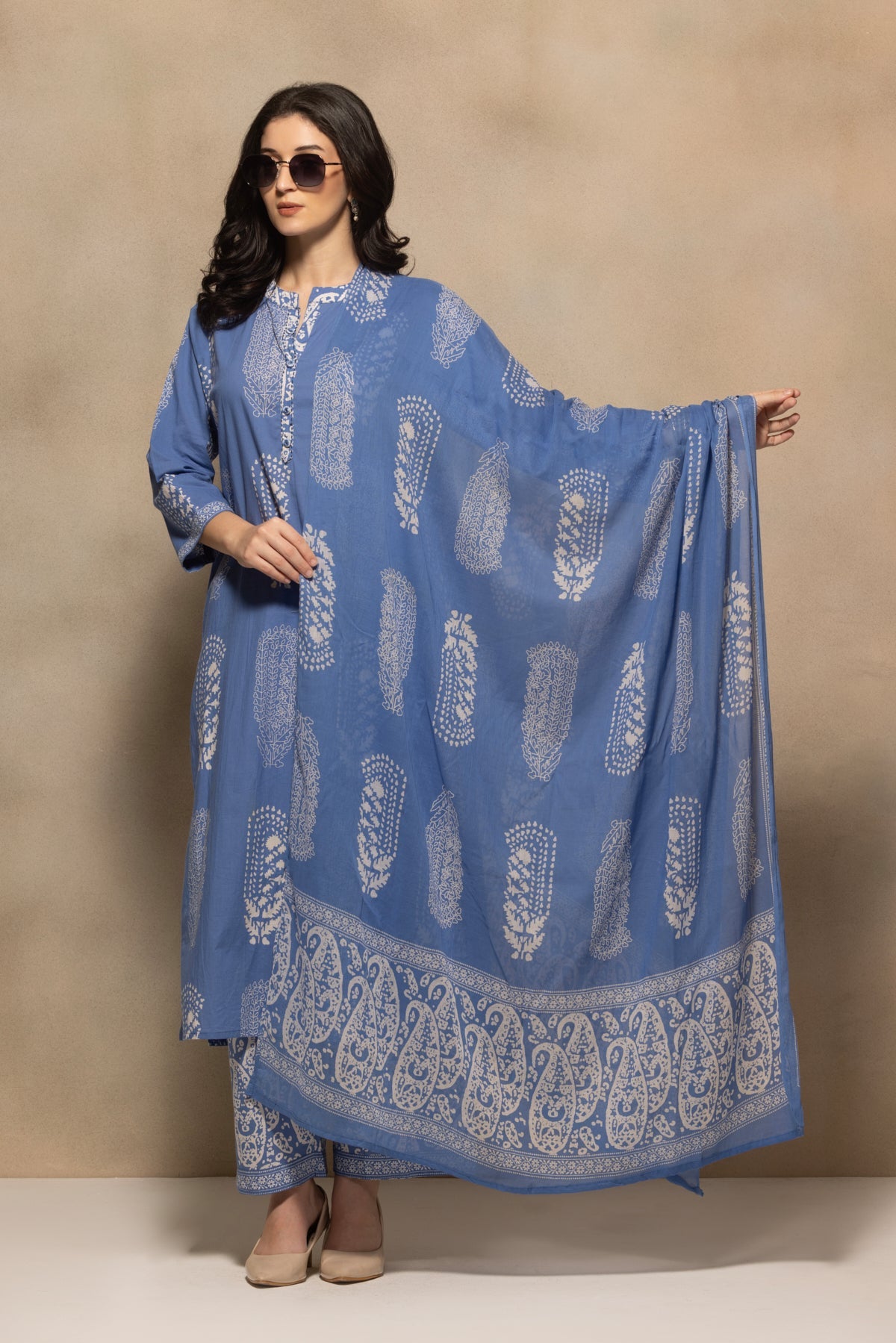 Blue Printed Kurta 3 Pcs Set