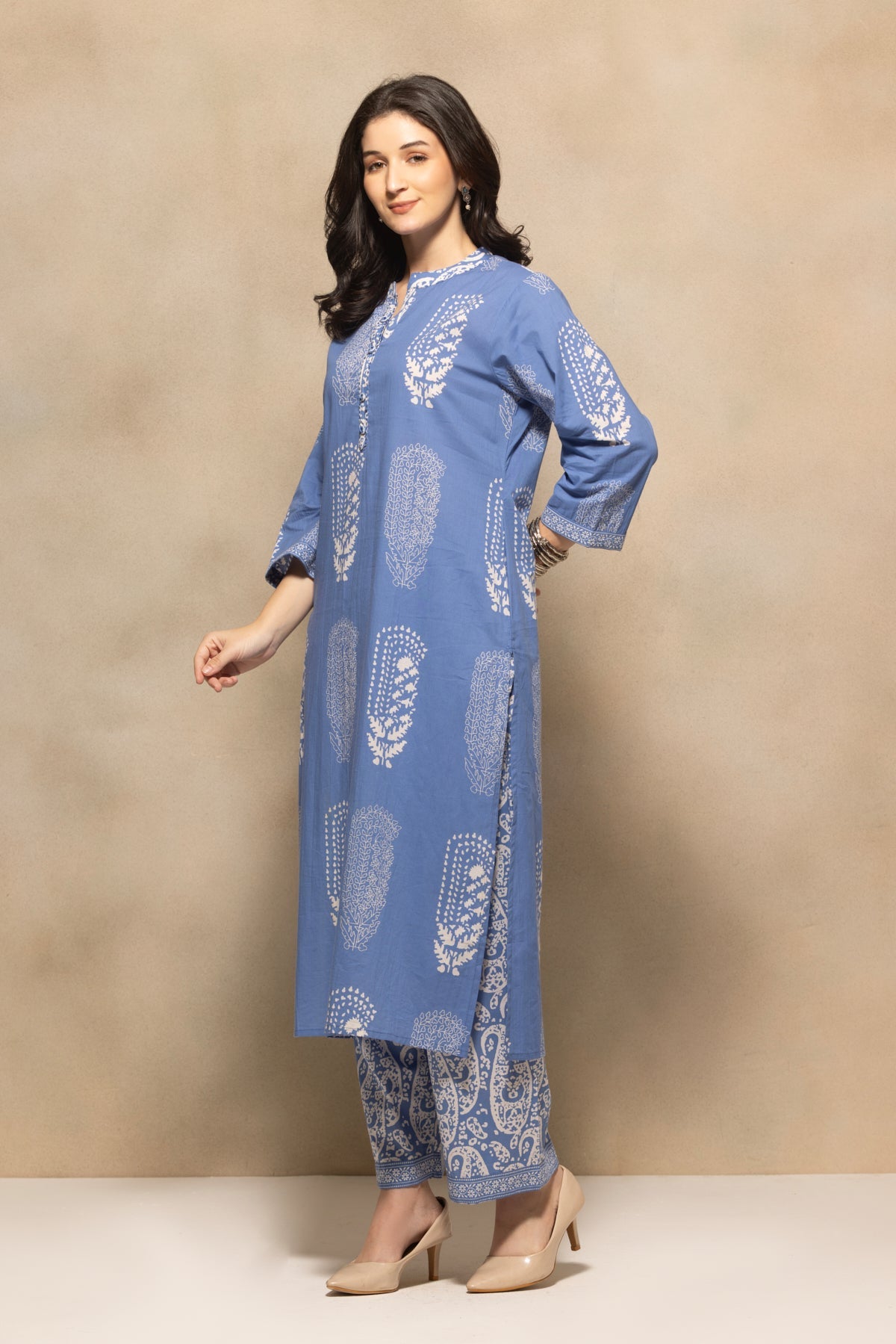 Blue Printed Kurta 3 Pcs Set