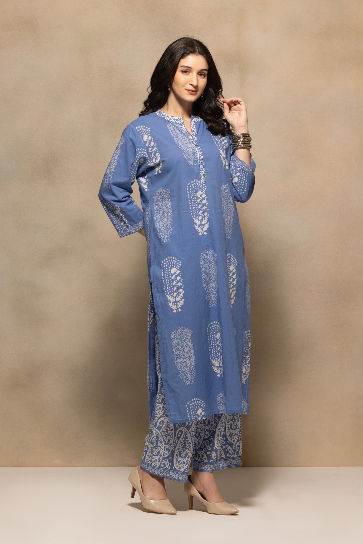 Blue Printed Kurta 3 Pcs Set