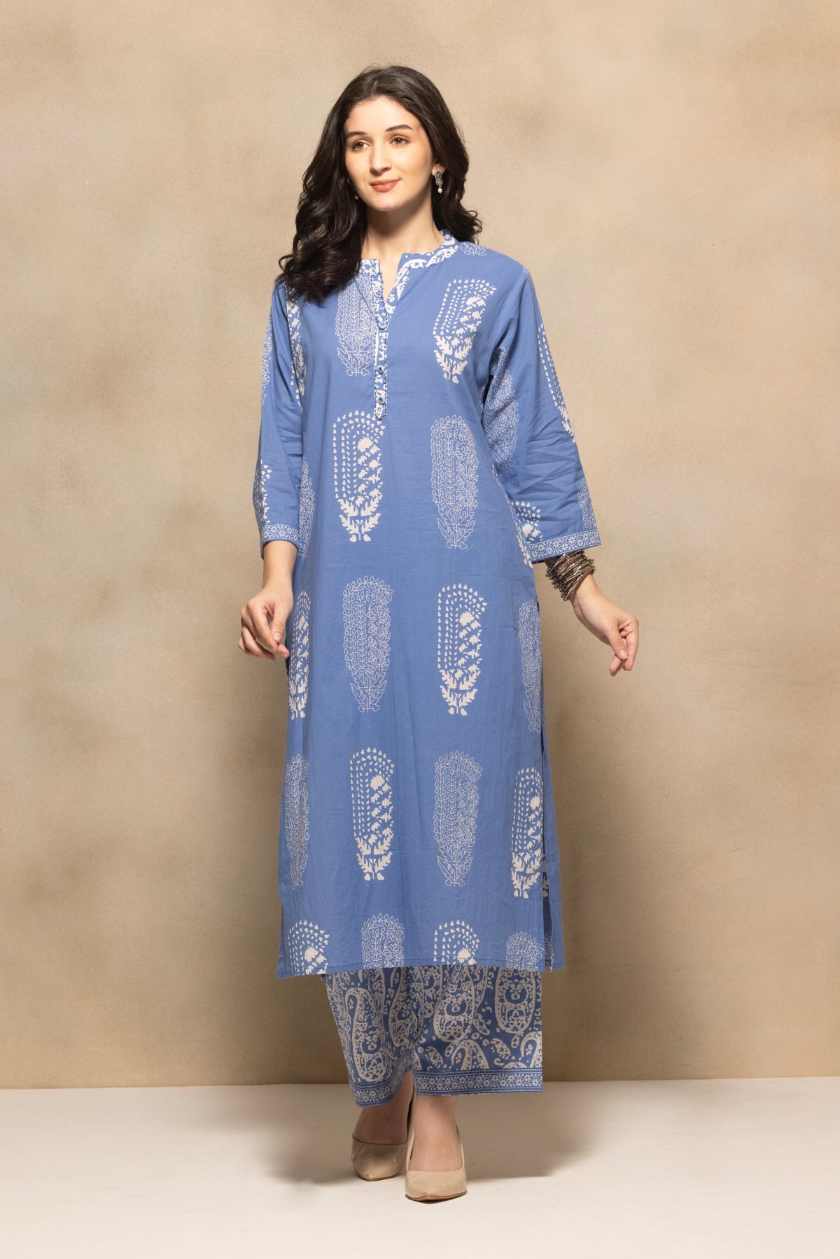 Blue Printed Kurta 3 Pcs Set