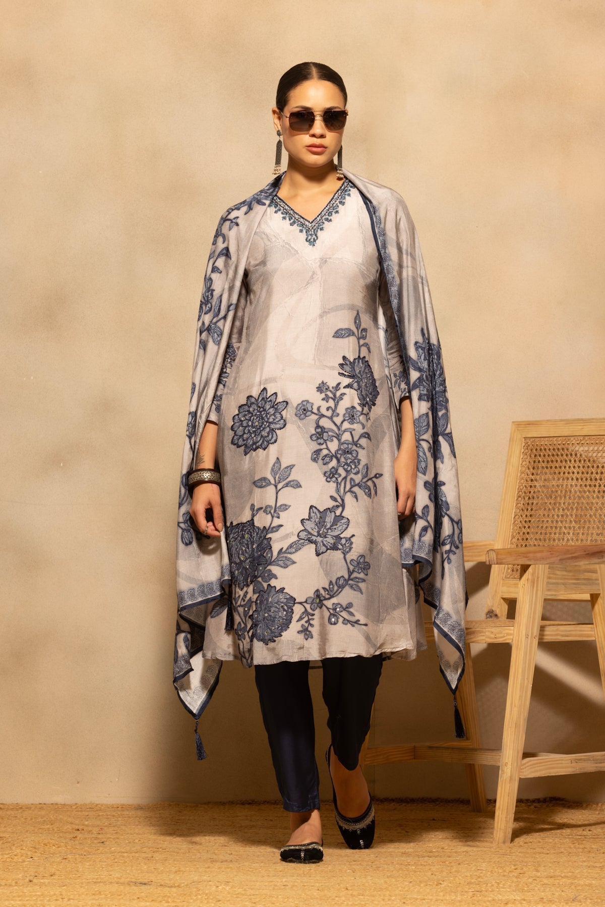 Grey Floral Printed A-line Kurta 3 Pcs Set