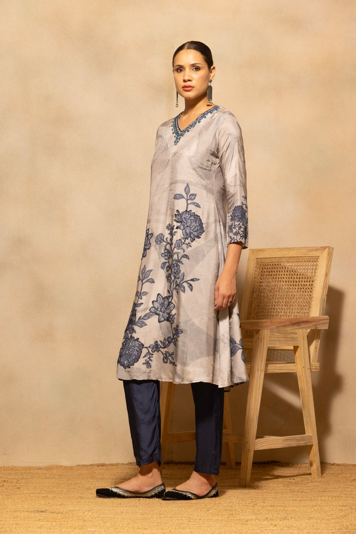 Grey Floral Printed A-line Kurta 3 Pcs Set