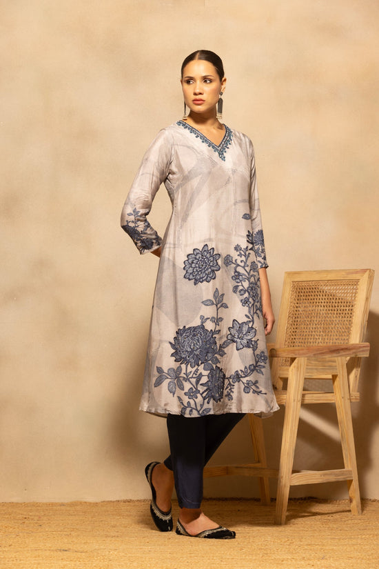 Grey Floral Printed A-line Kurta 3 Pcs Set