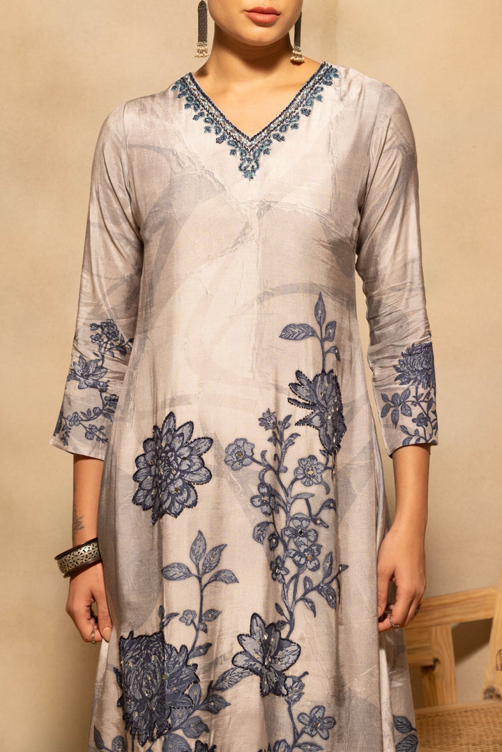 Grey Floral Printed A-line Kurta 3 Pcs Set