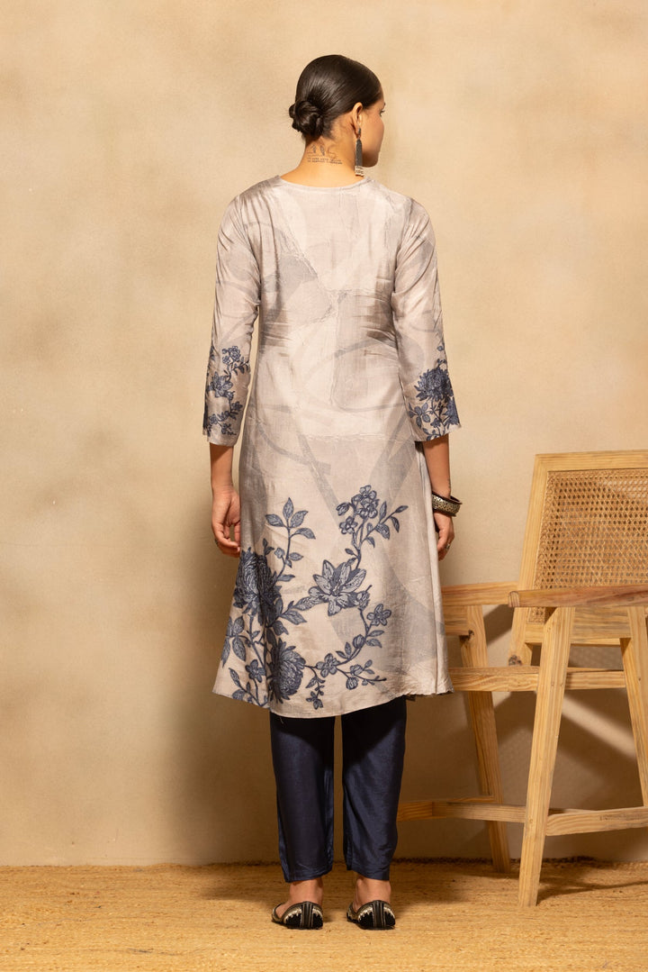 Grey Floral Printed A-line Kurta 3 Pcs Set