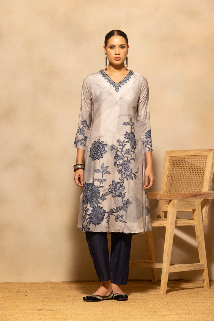 Grey Floral Printed A-line Kurta 3 Pcs Set