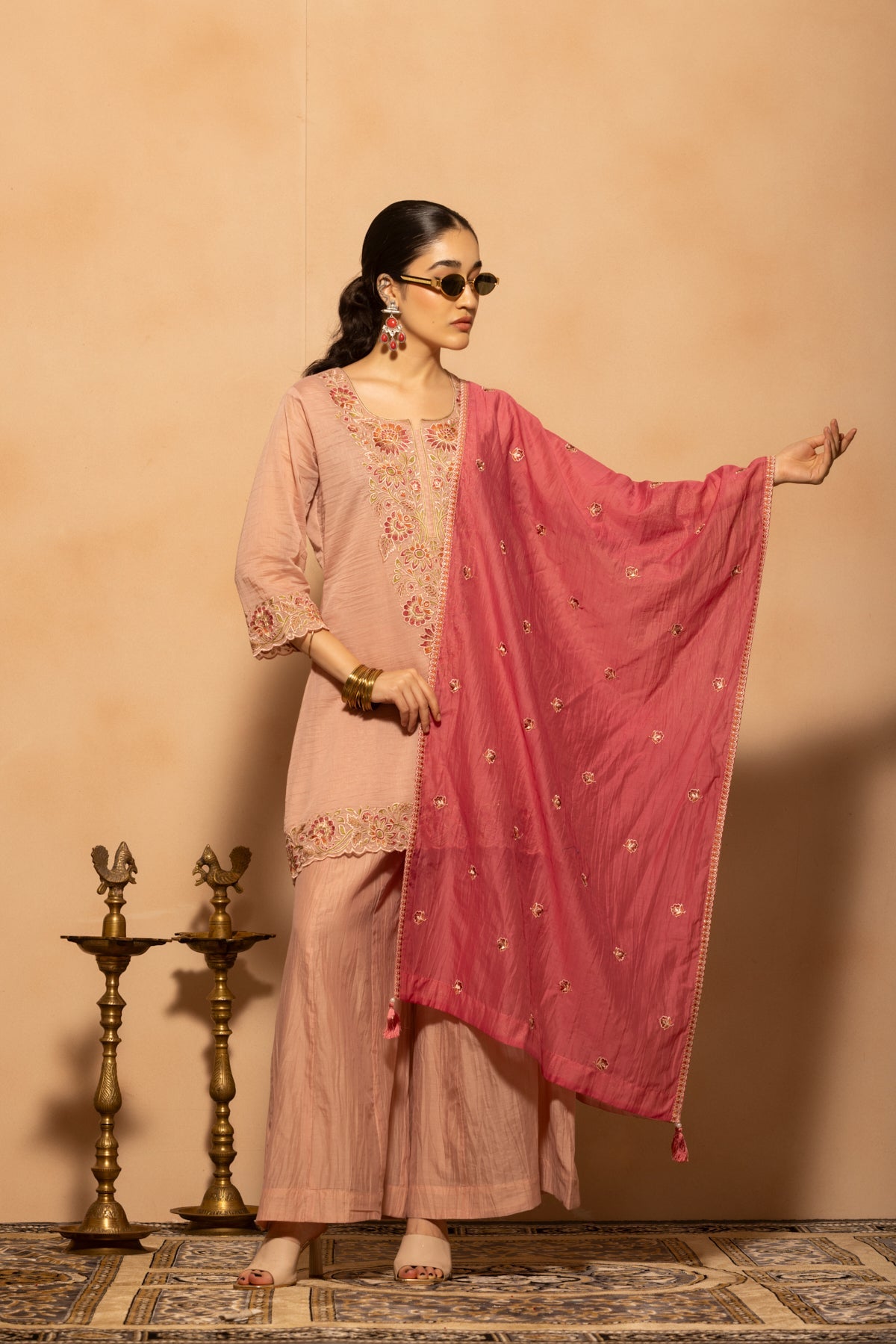 Pink A-line Embroidered Kurta 3 Pcs Set