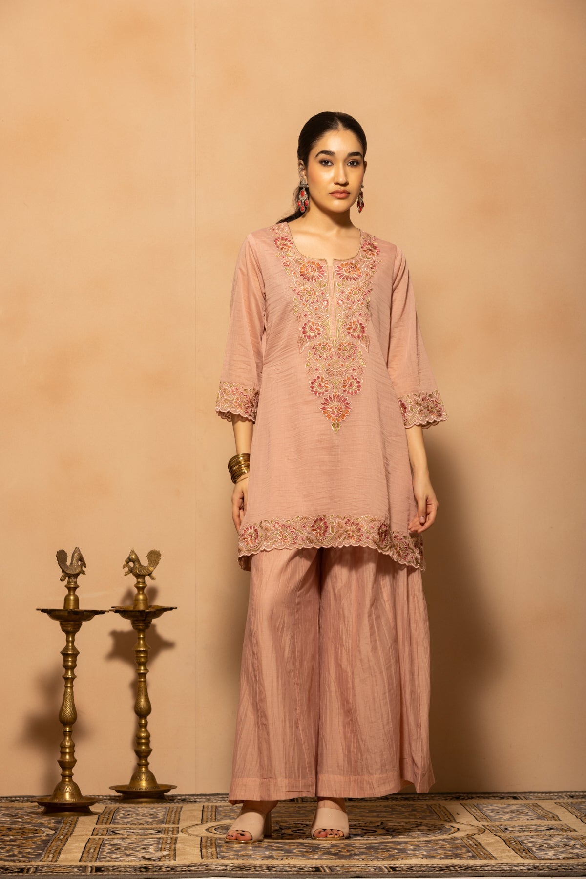 Pink A-line Embroidered Kurta 3 Pcs Set
