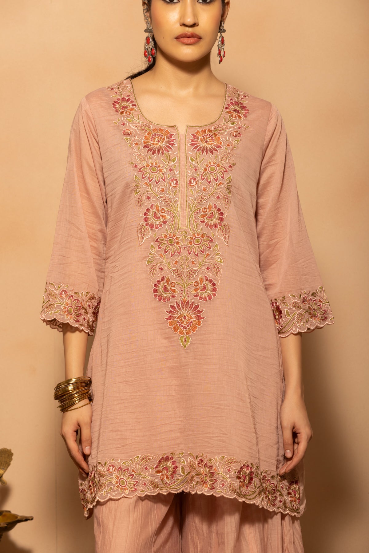 Pink A-line Embroidered Kurta 3 Pcs Set