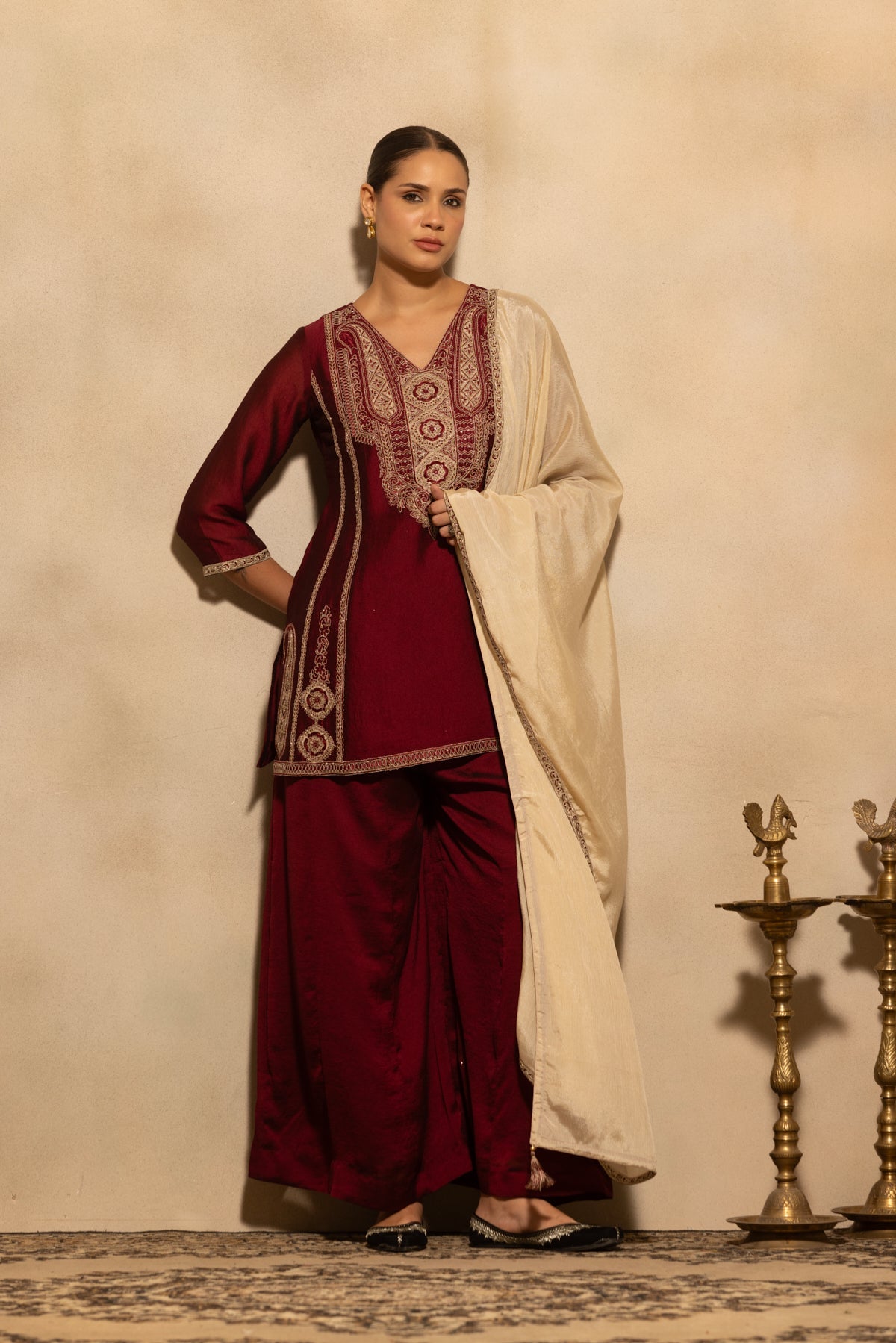 Maroon Embroidered Kurta 3 Pcs Set