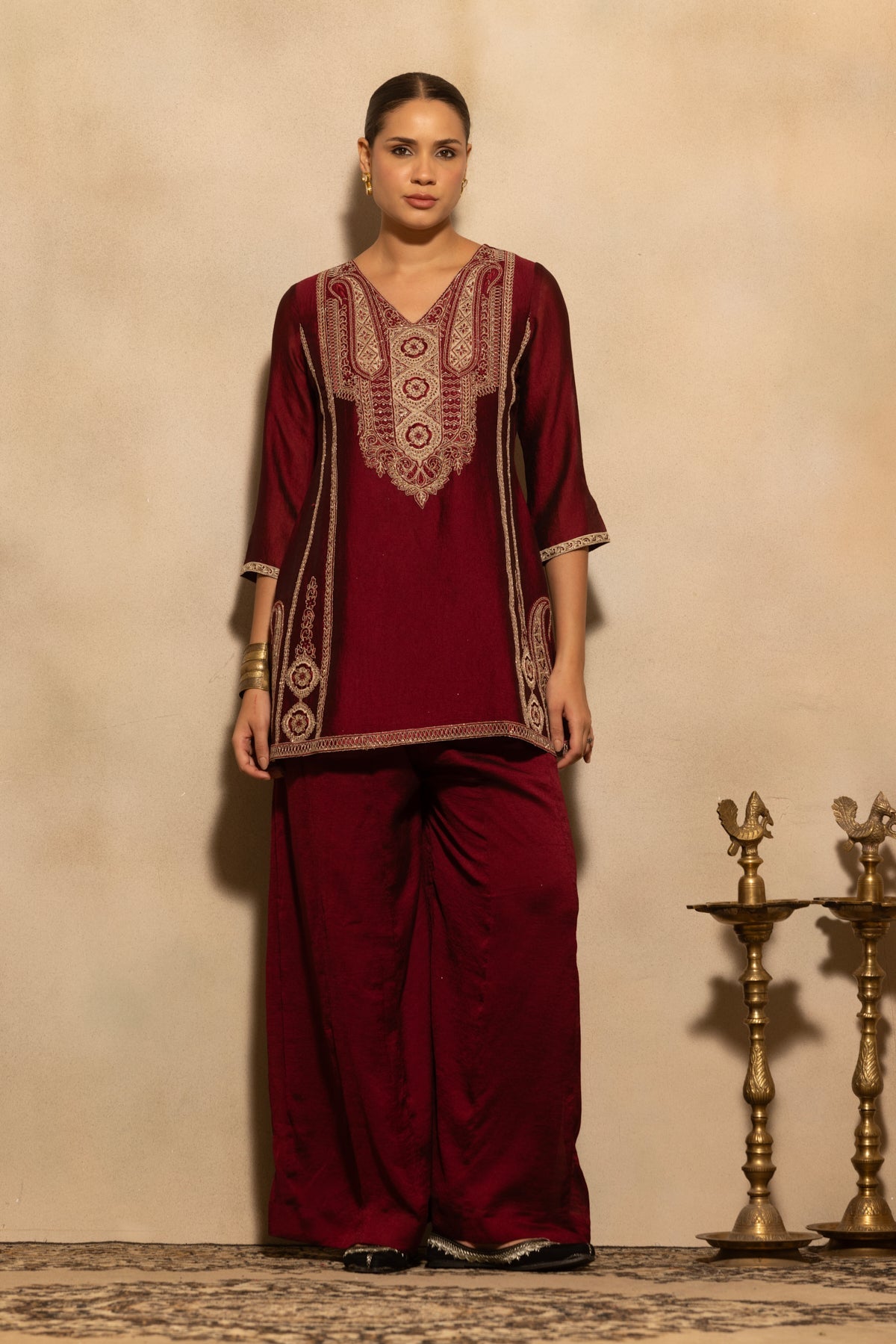 Maroon Embroidered Kurta 3 Pcs Set