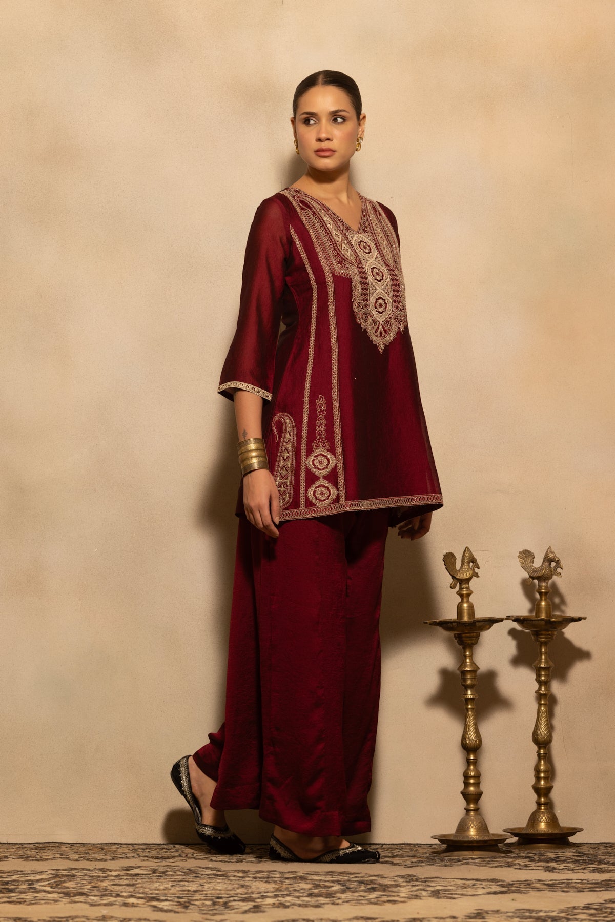 Maroon Embroidered Kurta 3 Pcs Set
