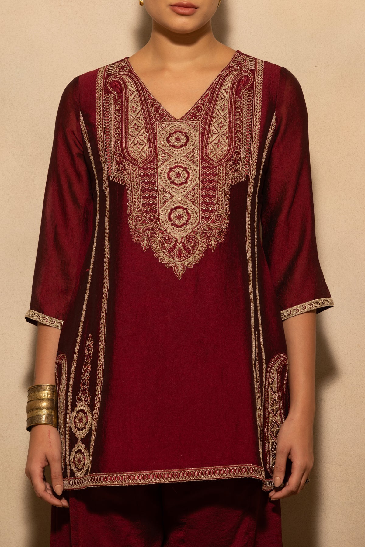 Maroon Embroidered Kurta 3 Pcs Set