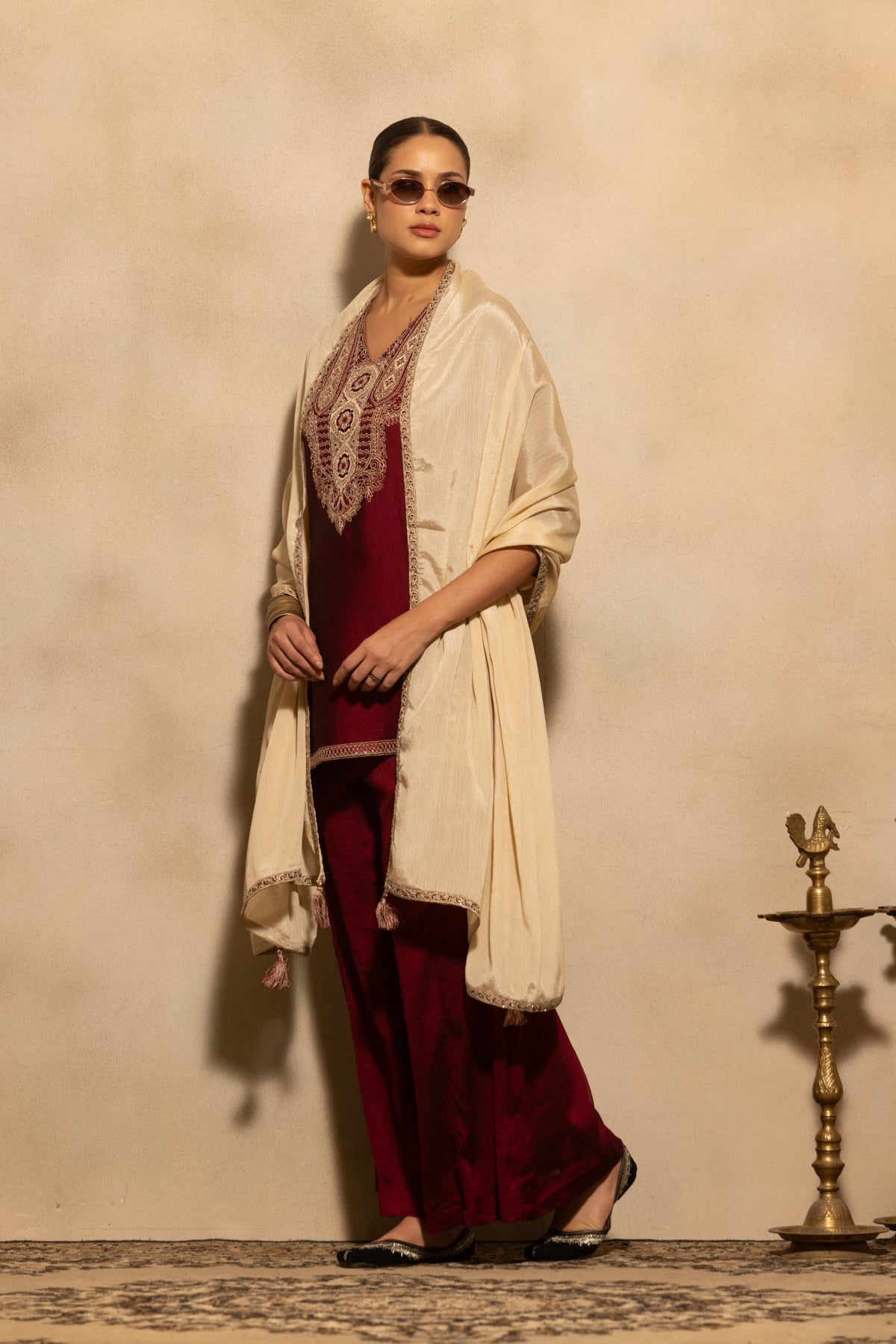 Maroon Embroidered Kurta 3 Pcs Set