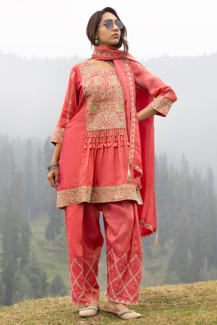 Pink Floral Embroidered Kurta 3 Pcs Set