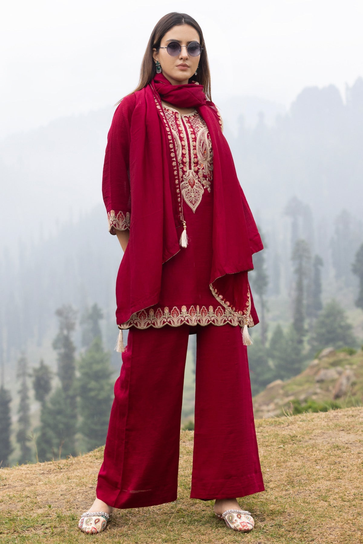 Maroon A-line Embroidered Kurta 3 Pcs Set